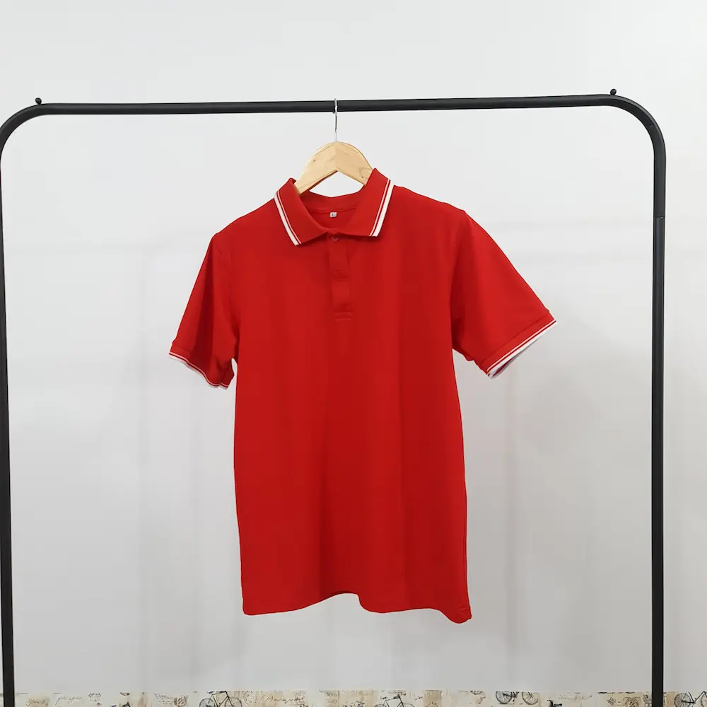 Áo Polo poly đỏ tươi 2 sọc - Ảnh 2