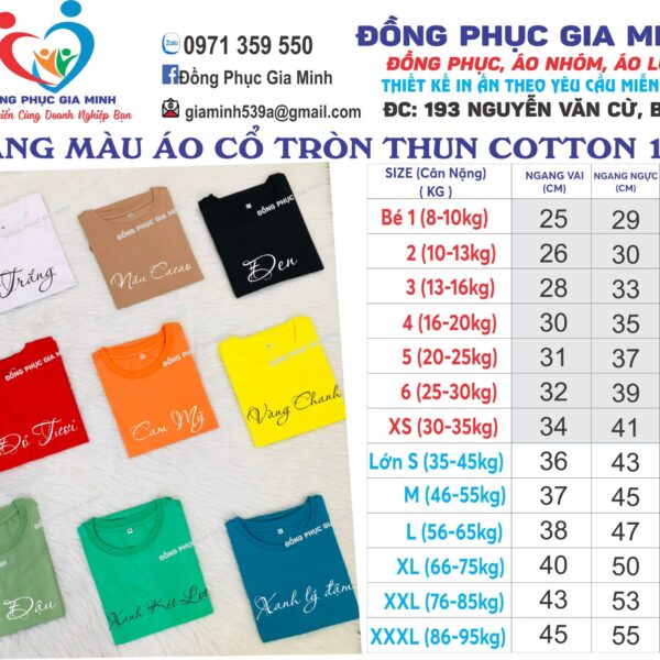 Bảng màu áo thun cổ tròn cotton 100%
