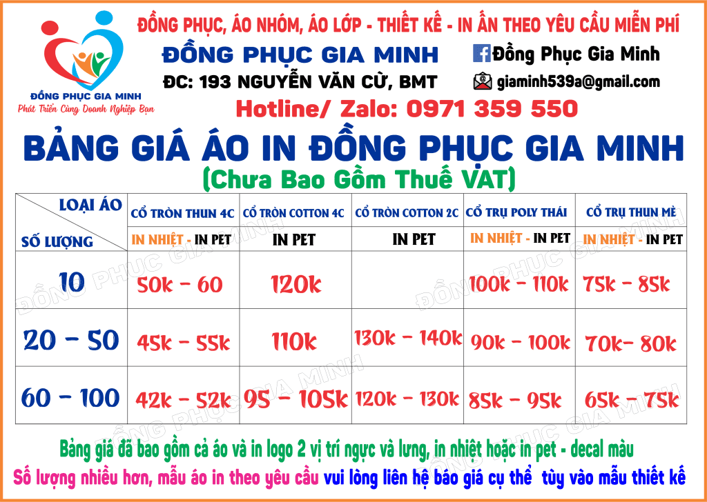 Bảng giá in áo thun đồng phục