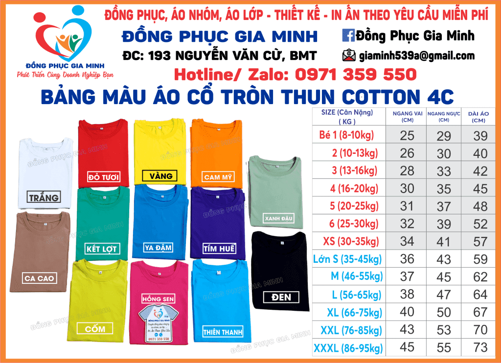 Bảng màu áo thun cổ tròn cotton 100% - co giãn 4 chiều