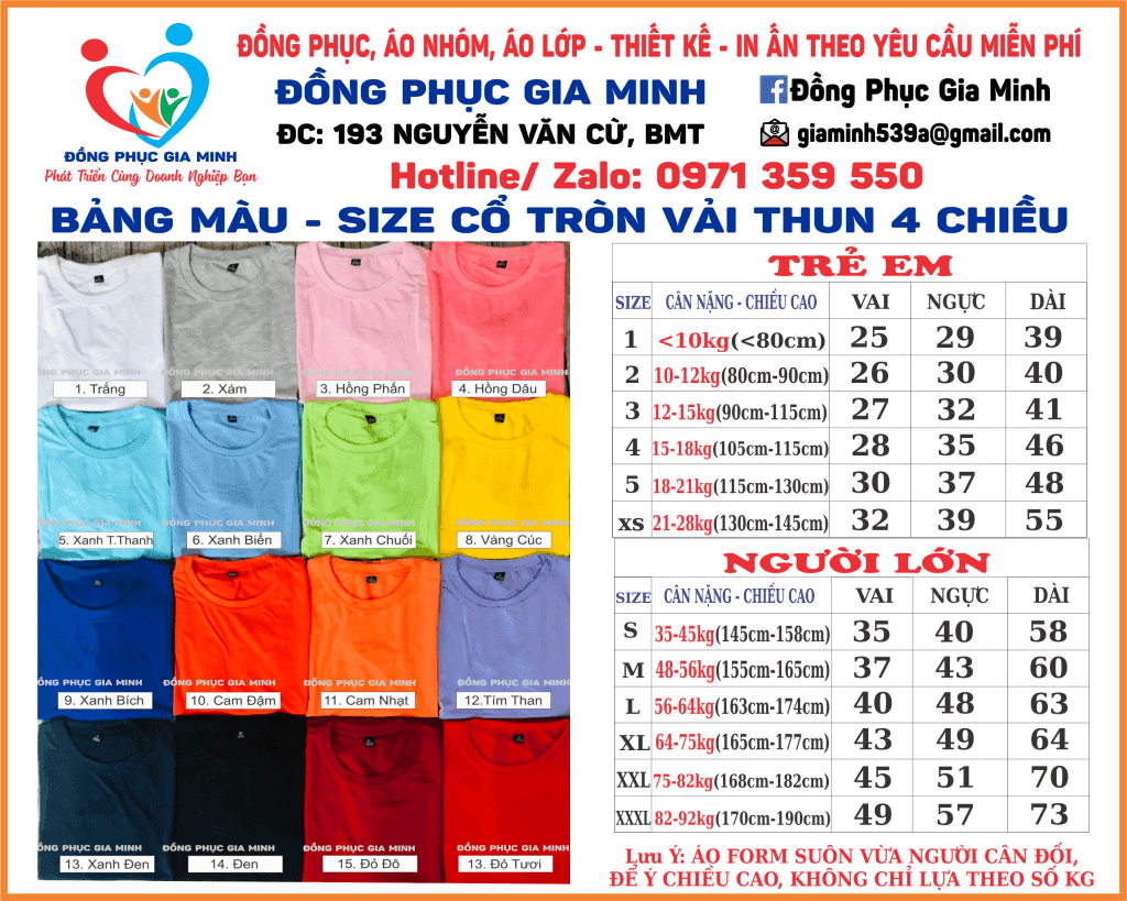 Bảng màu áo thun cổ tròn vải thun 4 chiều