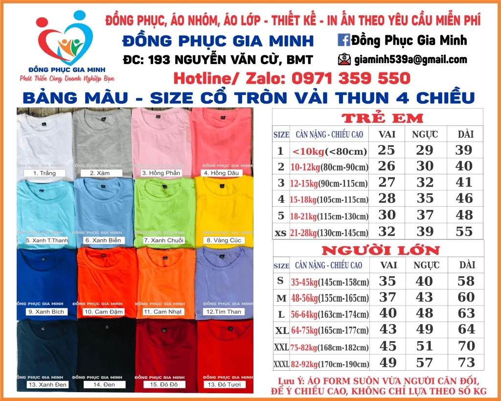 Bảng màu áo thun cổ tròn vải thun 4 chiều