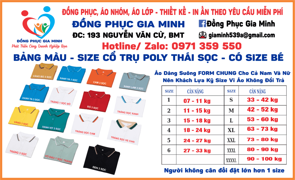 Bảng màu áo thun cổ trụ vải Poly Thái - có size em bé