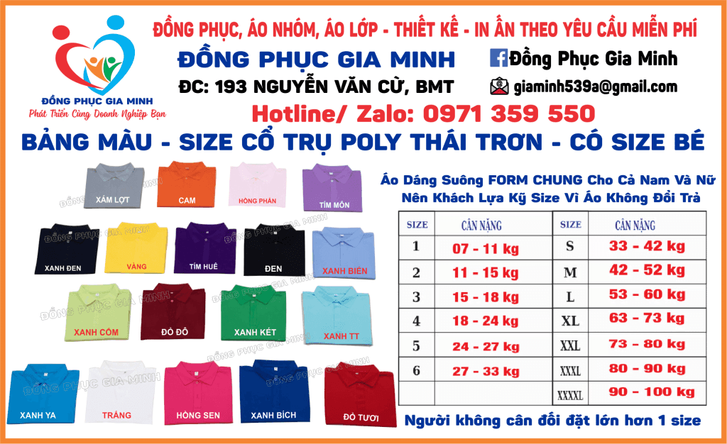 Bảng màu áo thun cổ trụ vải Poly Thái trơn - có size em bé