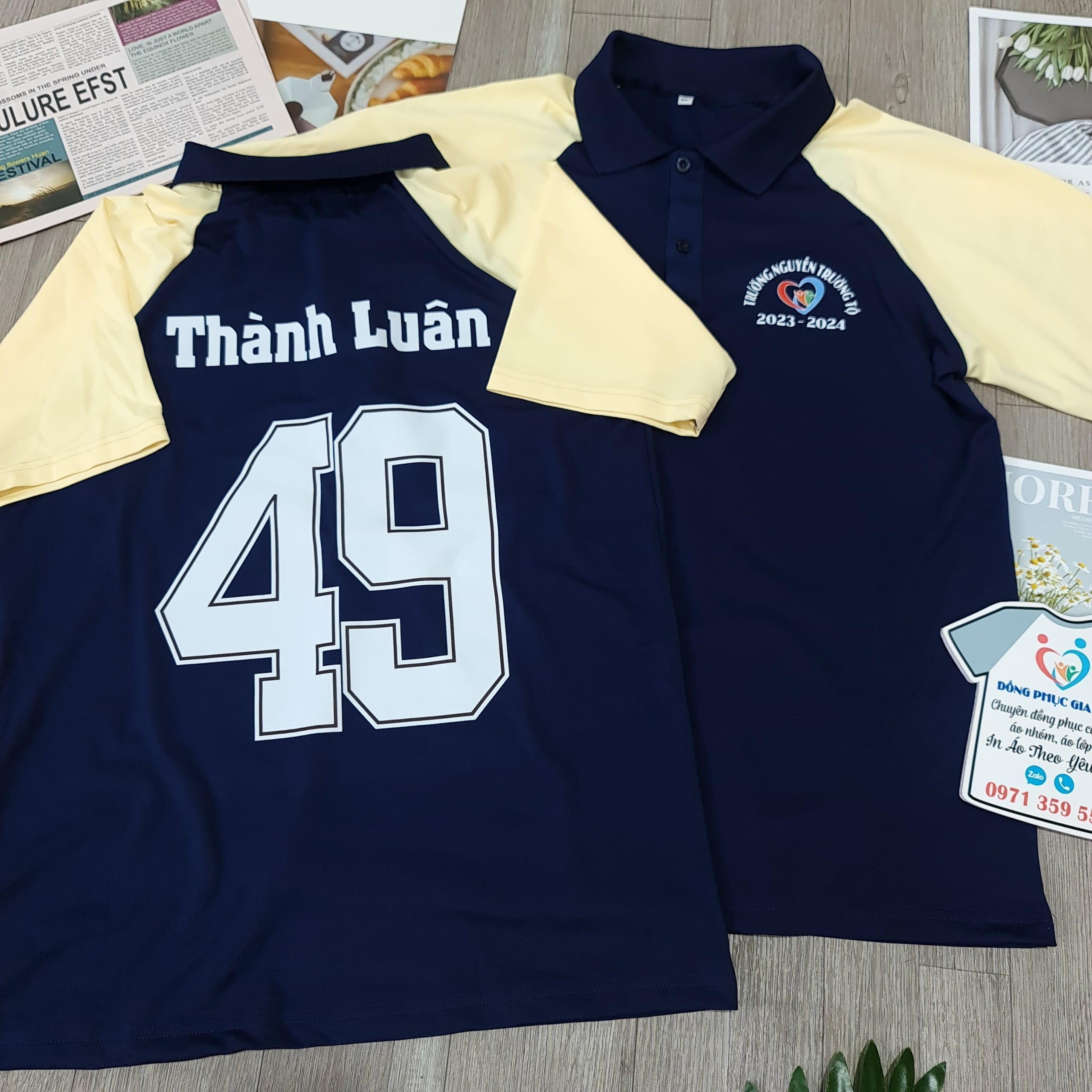 Áo polo phối thân : xanh đen phối kem