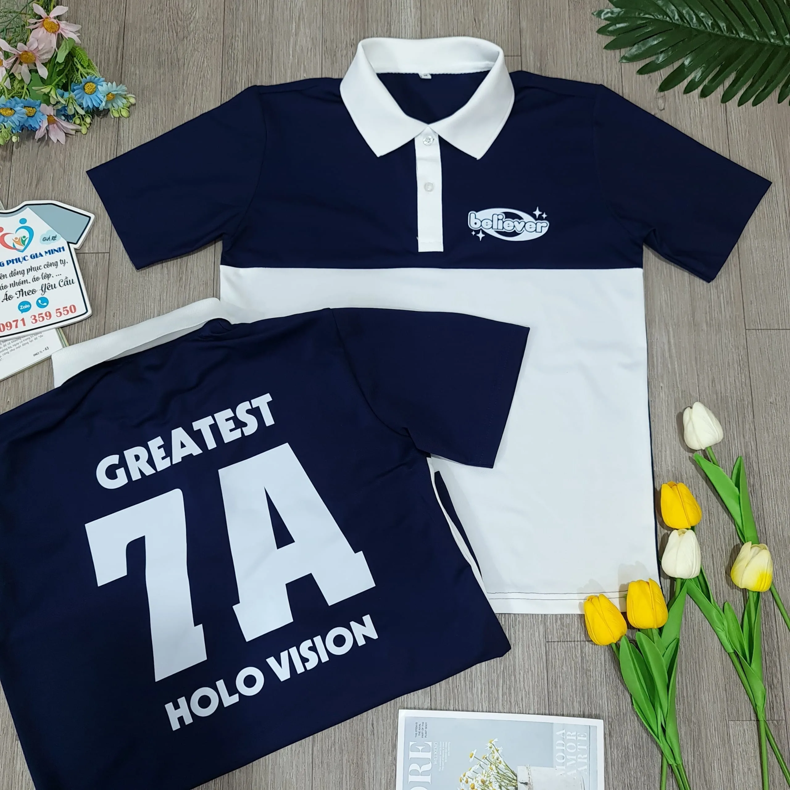 áo polo phối thân: xanh đen phối trắng