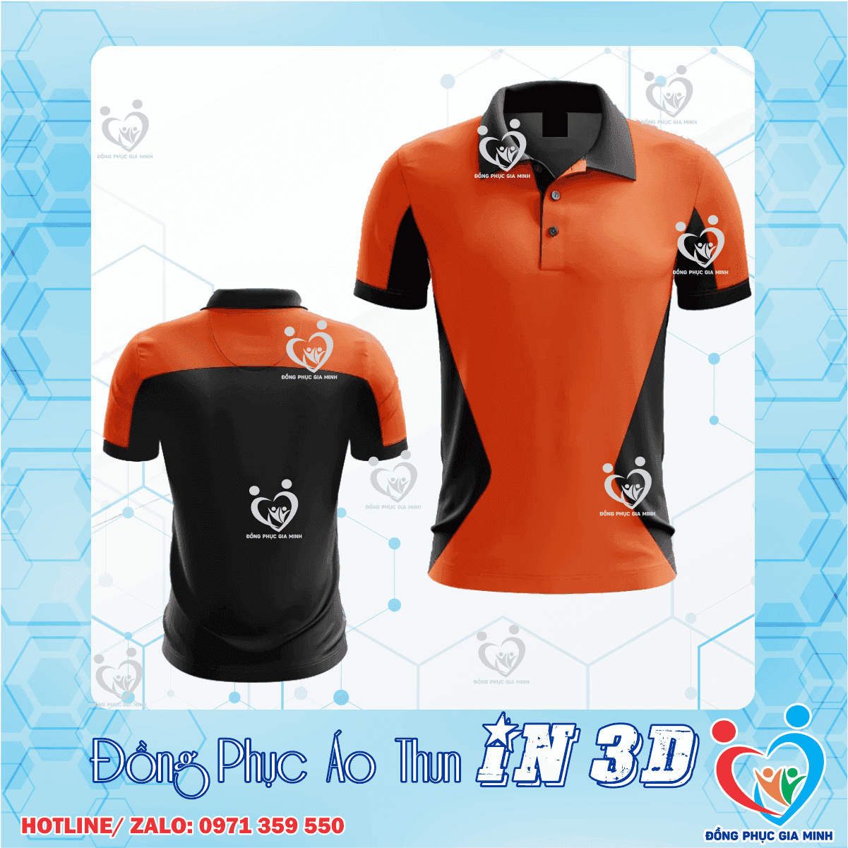Áo Polo Đồng Phục In 3D Phối Cam và Đen – Hiện Đại và Nổi Bật