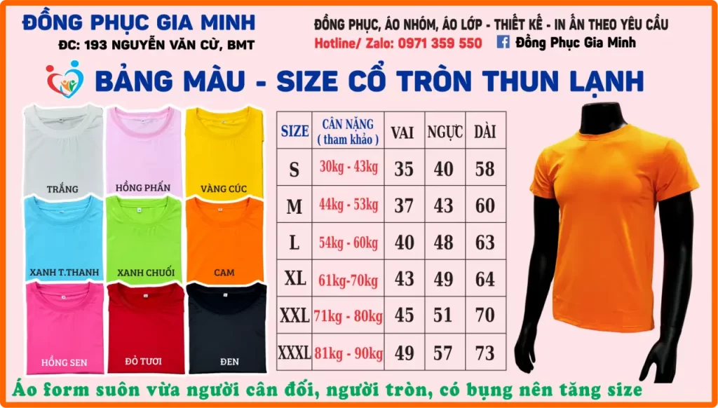 Bảng màu, size áo thun cổ tròn vải thun lạnh