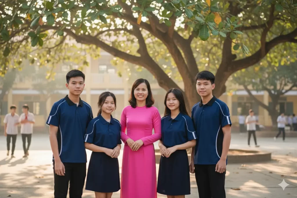 Nhóm học sinh và giáo viên chụp ảnh tập thể tại sân trường Đắk Lắk, các em mặc đồng phục áo lớp polo phối thân màu xanh tím than phối trắng hiện đại, thể hiện tinh thần đoàn kết, nổi bật phong cách áo lớp polo phối thân tại Đắk Lắk.