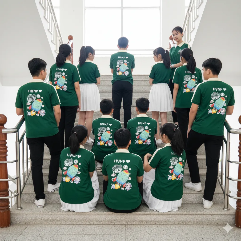 Nhóm học sinh mặc mẫu áo lớp phối thân xanh lá in tên số nổi bật, chụp tại cầu thang trường Buôn Ma Thuột, đồng phục áo lớp đẹp, phong cách áo lớp phối thân mới nhất tại Buôn Ma Thuột, Đắk Lắk