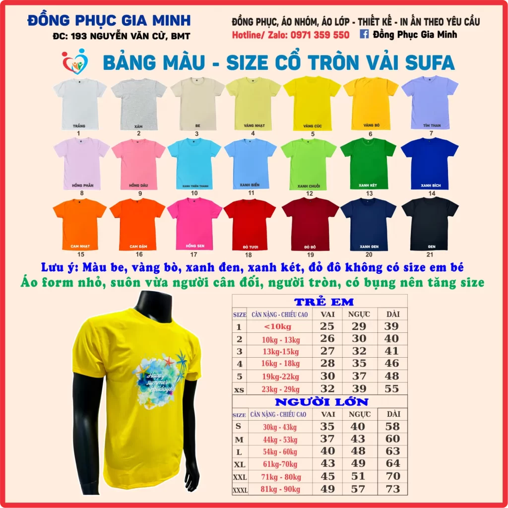 bảng màu áo thun cổ tròn sufa - đồng phục gia minh