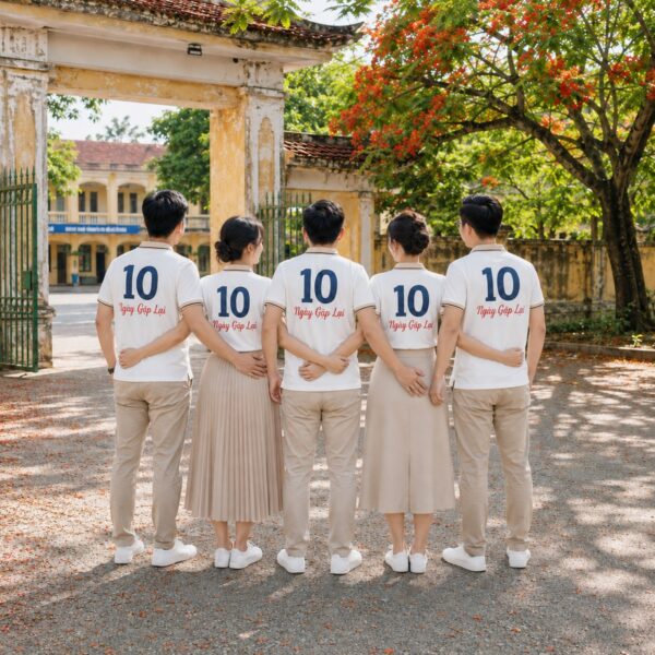 Lưng áo họp lớp in số 10 và dòng chữ Ngày Gặp Lại, nhóm bạn khoác vai nhìn về sân trường cũ