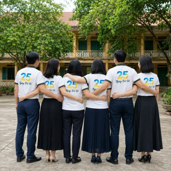 Lưng áo họp lớp in số 25 và dòng chữ Ngày Trở Về, nhóm bạn khoác vai nhìn về dãy lớp học cũ