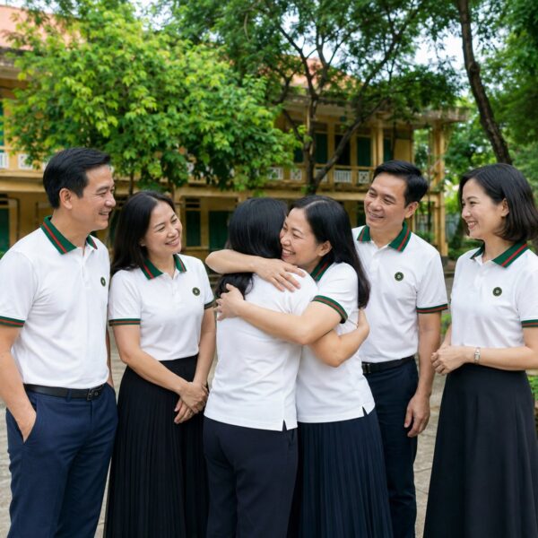 Sáu cựu học sinh tuổi trung niên mặc áo polo trắng phối cổ xanh rêu sọc đỏ ôm nhau mừng rỡ trong sân trường cũ